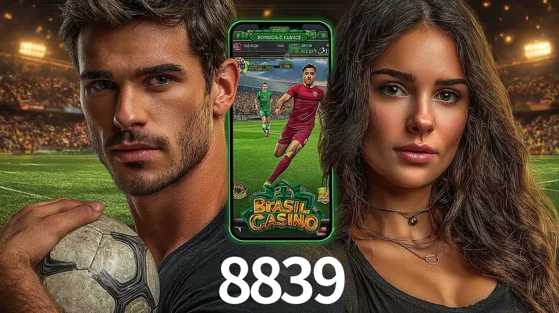 Homem segurando uma bola de futebol e uma mulher ao lado de um smartphone exibindo o jogo de apostas esportivas da 8839. Faça seu palpite no cassino online.